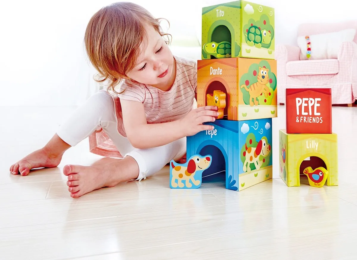 Hape Vriendschapstoren 309009 - 9 Stuks (5x Stapelblokken + 4x Diertjes) - Veelkleurig