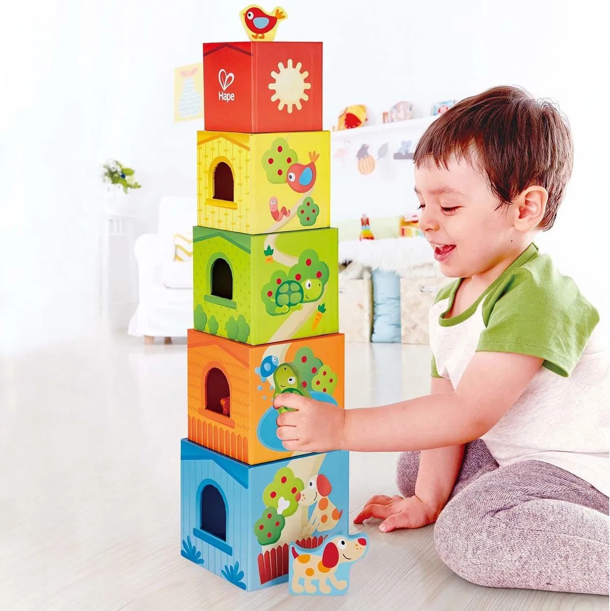 Hape Vriendschapstoren 309009 - 9 Stuks (5x Stapelblokken + 4x Diertjes) - Veelkleurig