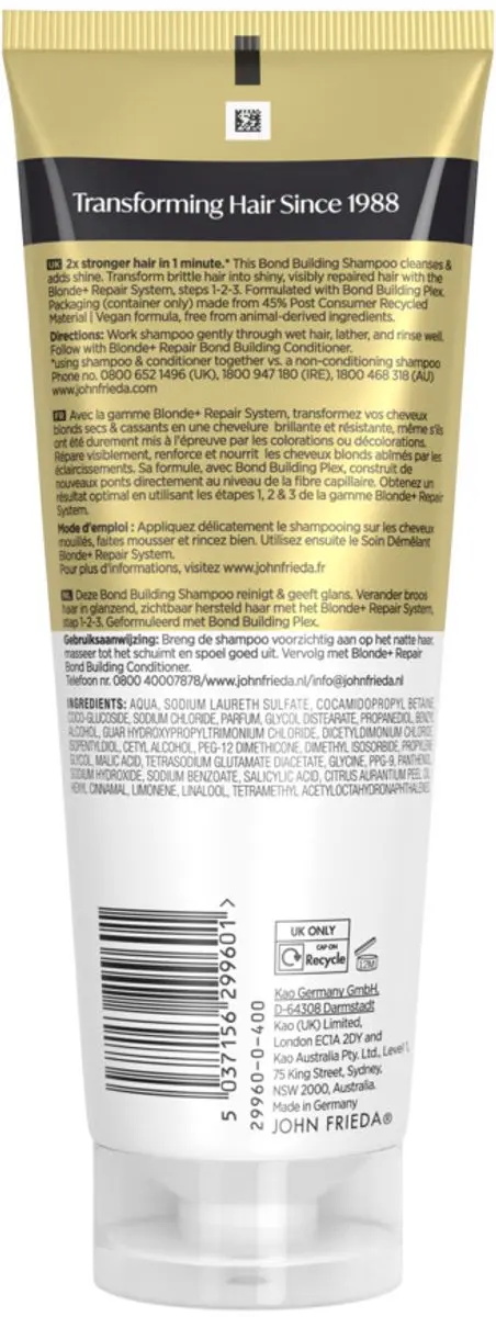 John Frieda Blonde+ Repair Bond Building Shampoo 3x250ml