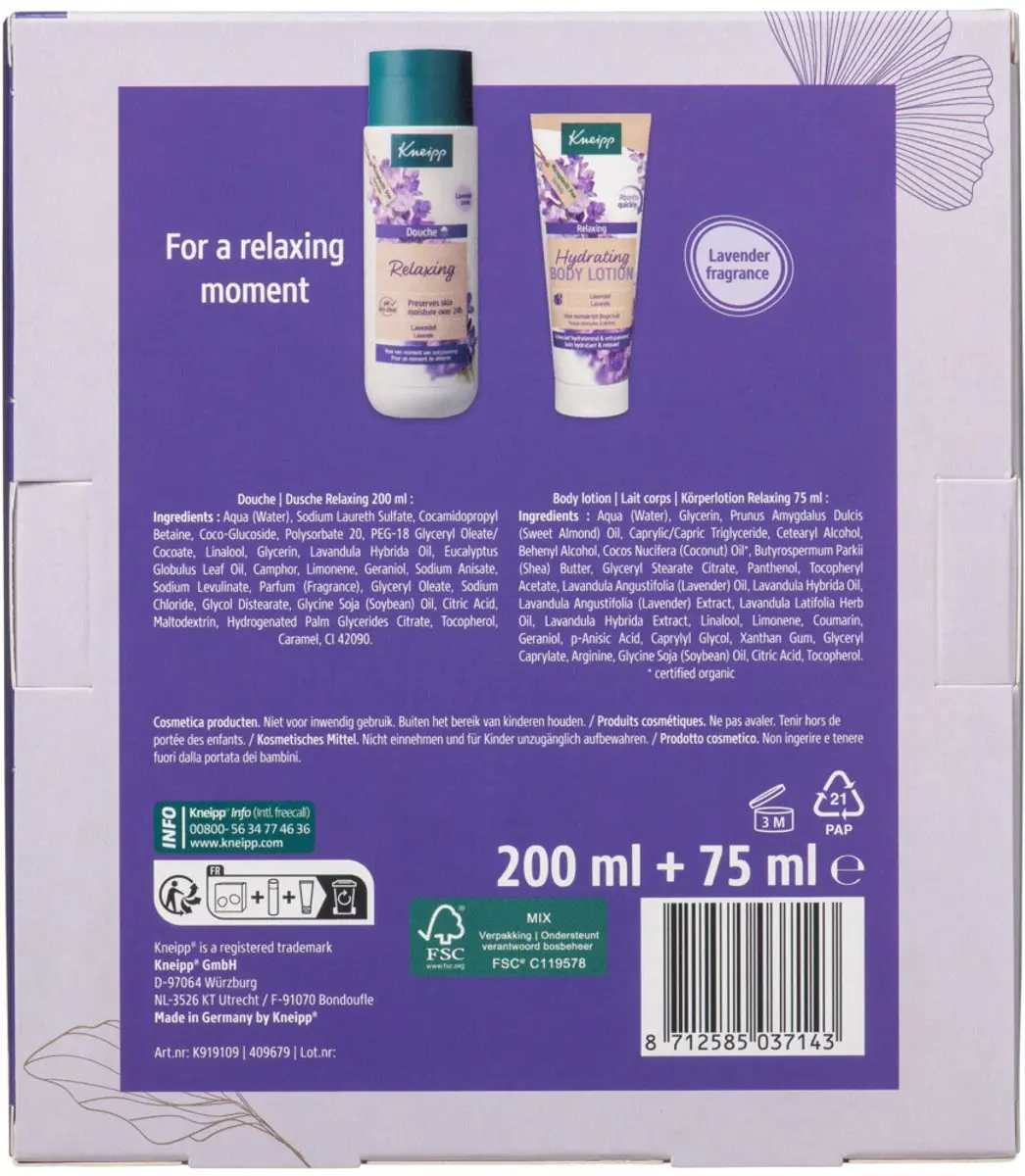 Kneipp Relaxing Moments Geschenkset - Douchegel & Bodylotion 1375ml - 5 Stuks