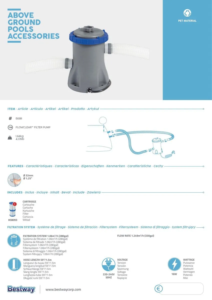 Bestway Flowclear 58381 Filterpomp 1249 l/h - 32mm