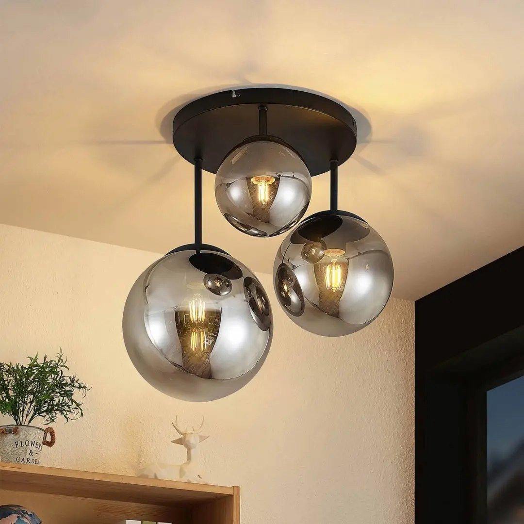 Lindby Plafondlamp 3-lichts - Ø46,5cm - Rookgrijs/Zwart - afbeelding 6 van 6