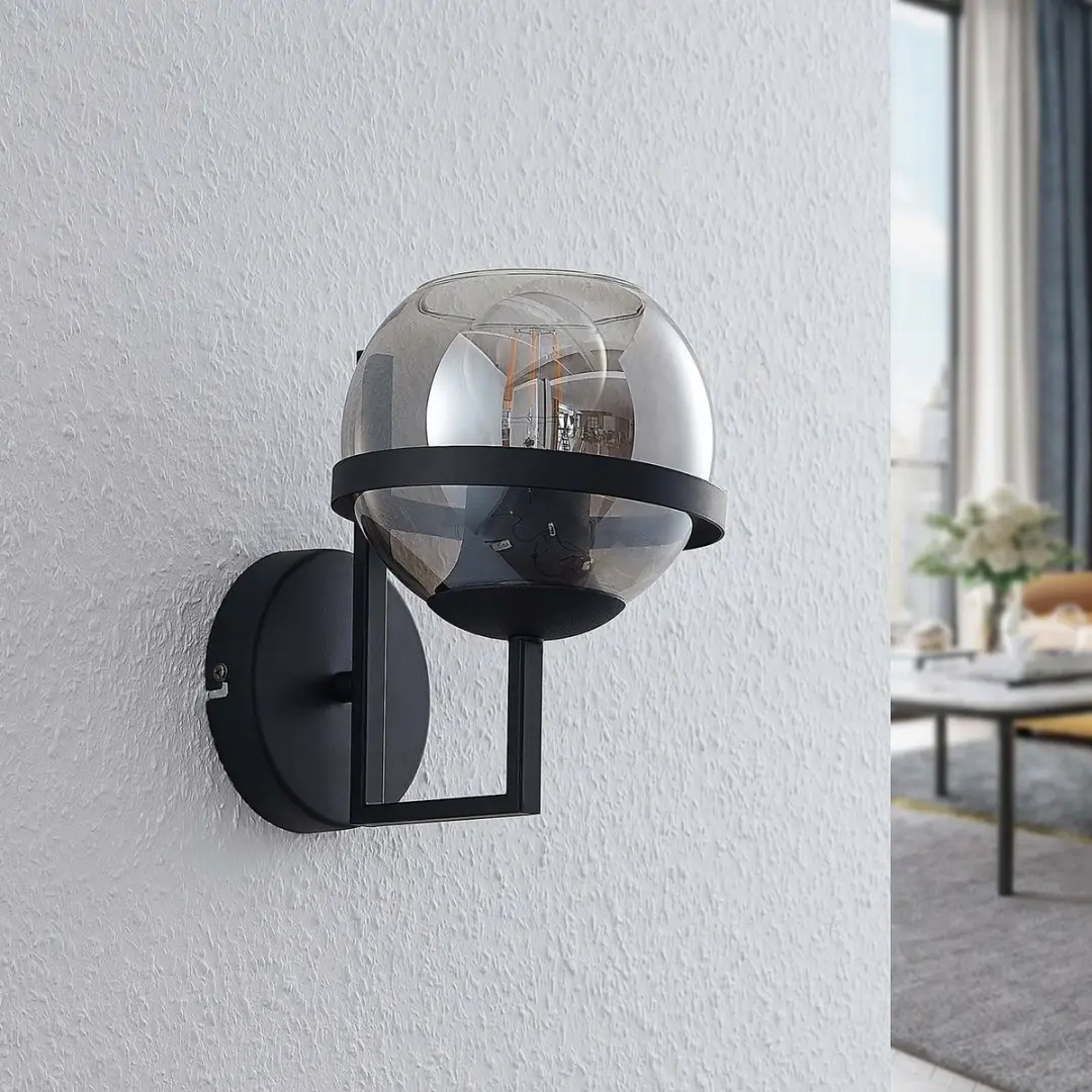 Lindby Wandlamp E27 1 Licht - 12cm - Rookgrijs/Zwart - afbeelding 6 van 6