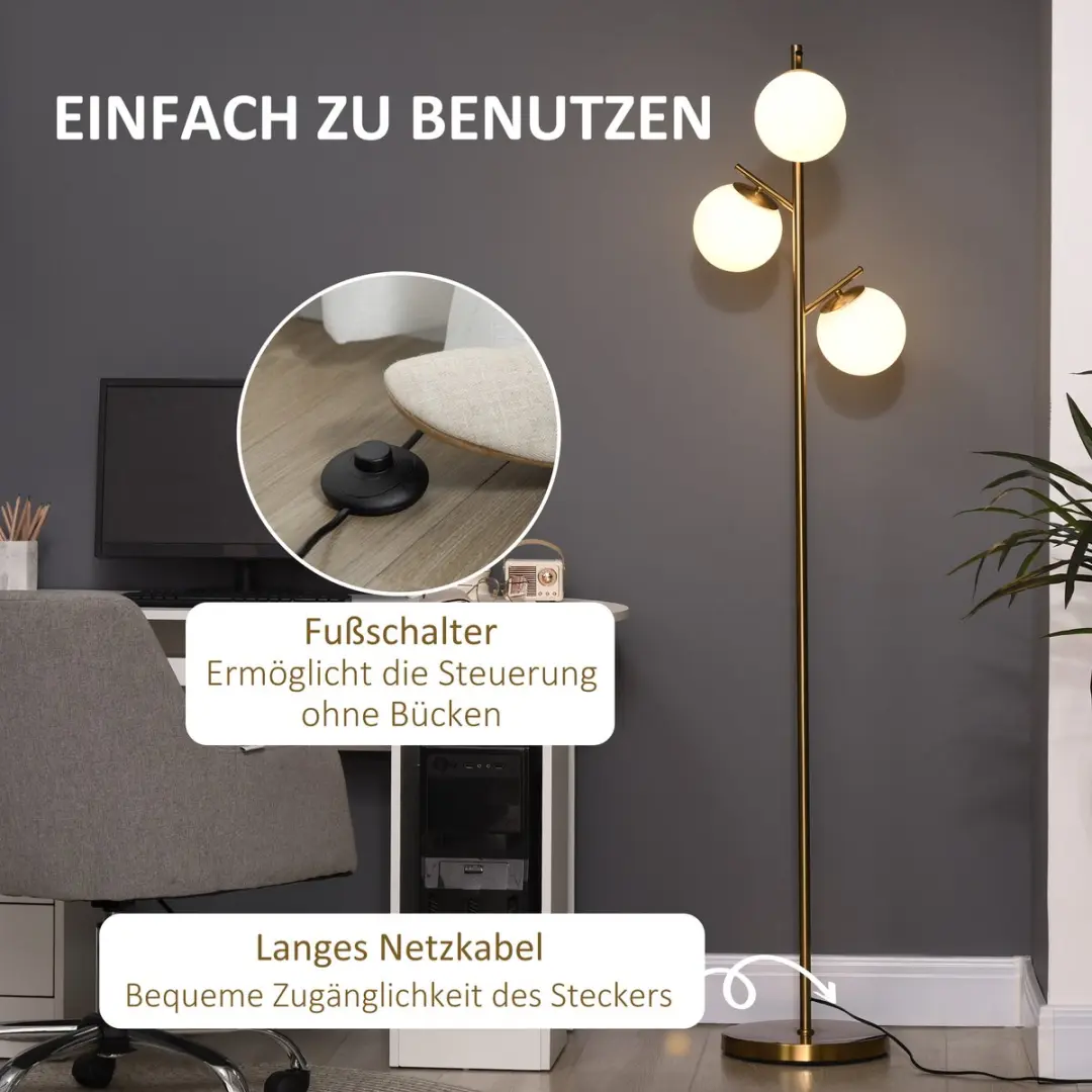 Homcom Staande Lamp Goud - 3 Lampenkappen