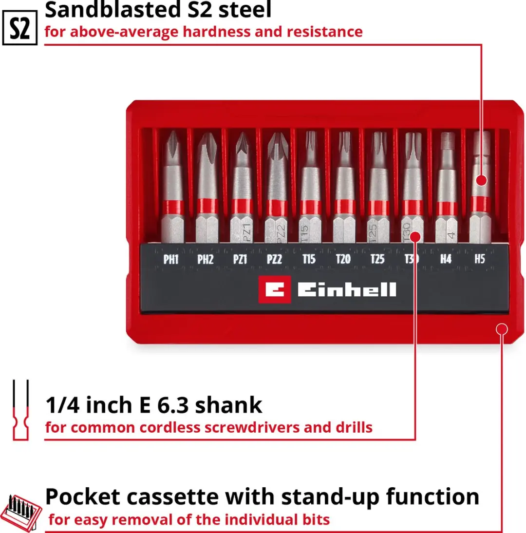 Einhell 10-delige Bitset 50mm - PH/PZ/T/H - S2 Staal - E6.3 Schacht