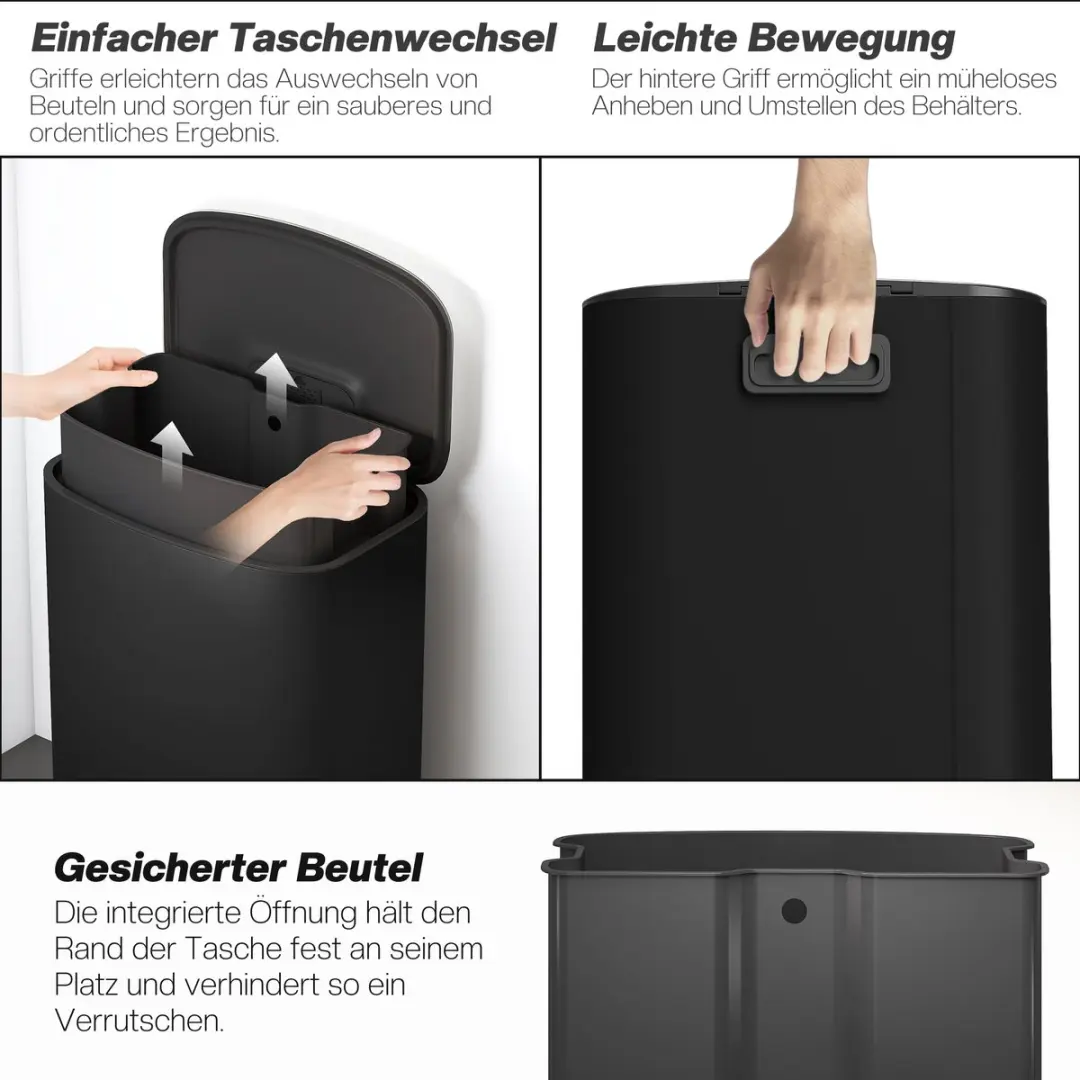 Homcom Prullenbak 50L - Zwart/Zilver - 45x36x62cm