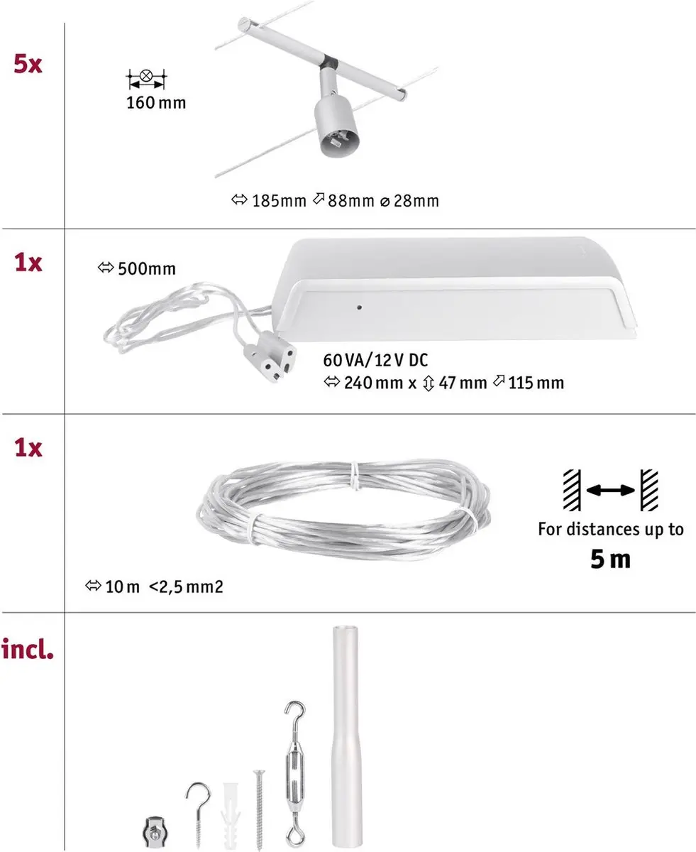 Paulmann CorDuo Salt Kabelsysteem - 5 Spots - Mat Chroom