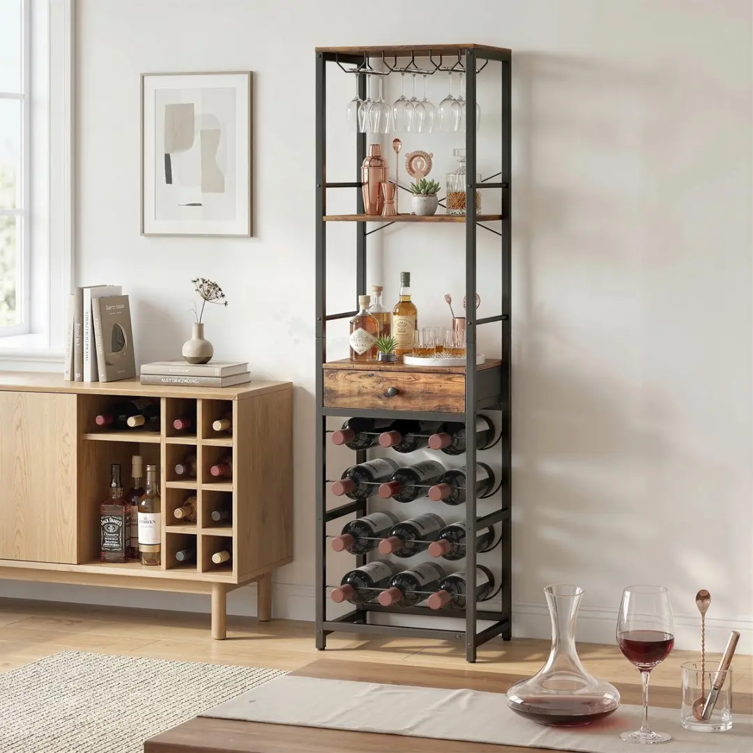 Homcom Wijnrek 12 Flessen - 40x30x148cm Rustiek Bruin