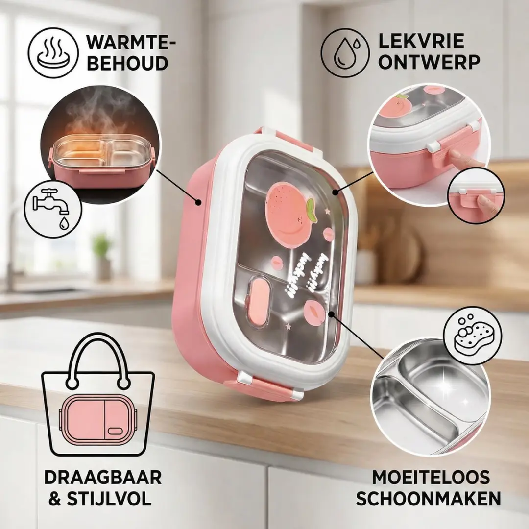 ECTEATOY Bento Box RVS - 1L - Roze - 2 Vakken