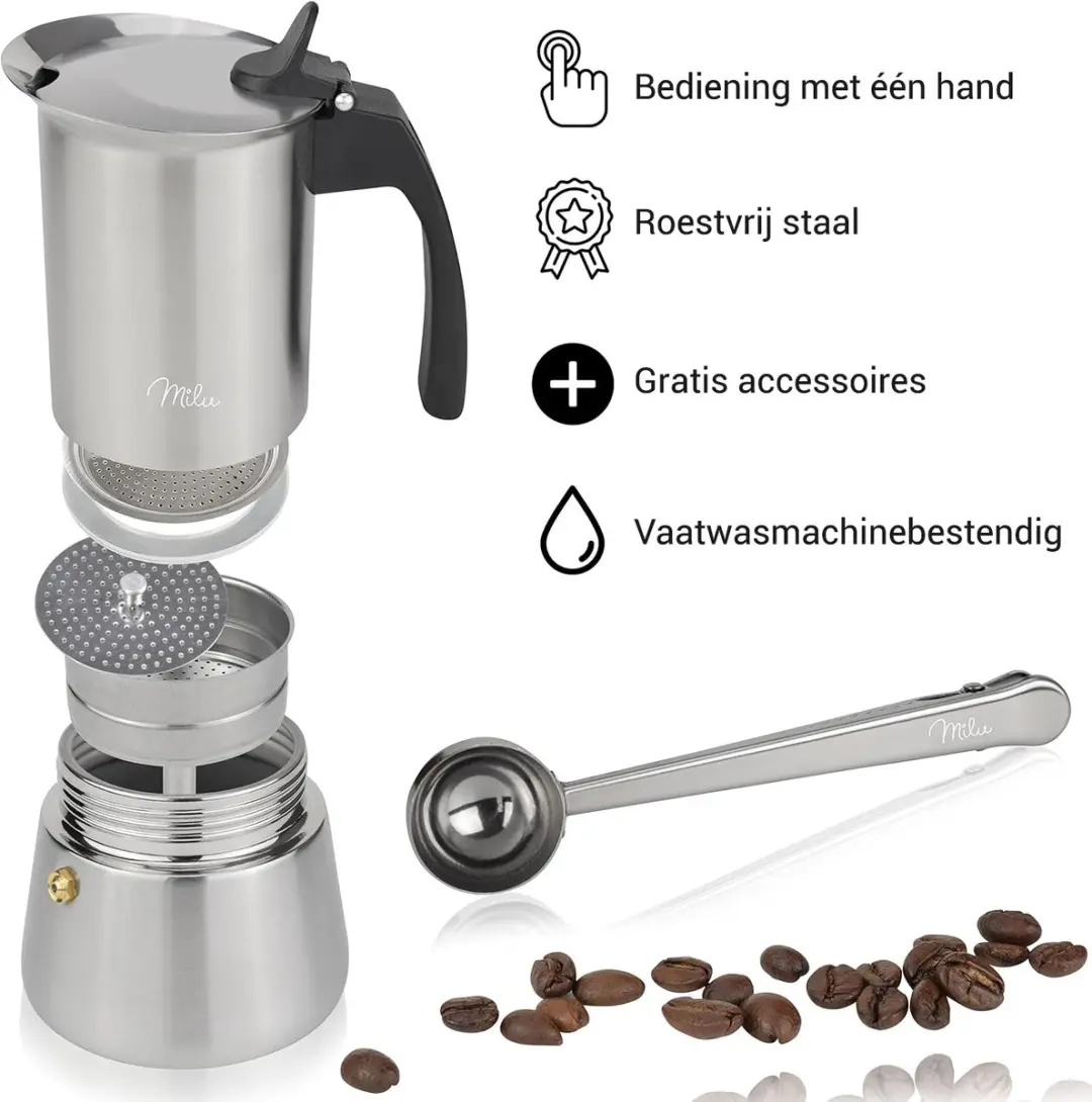 Milu Percolator 100ml - 4 Kopjes - RVS - Zilver