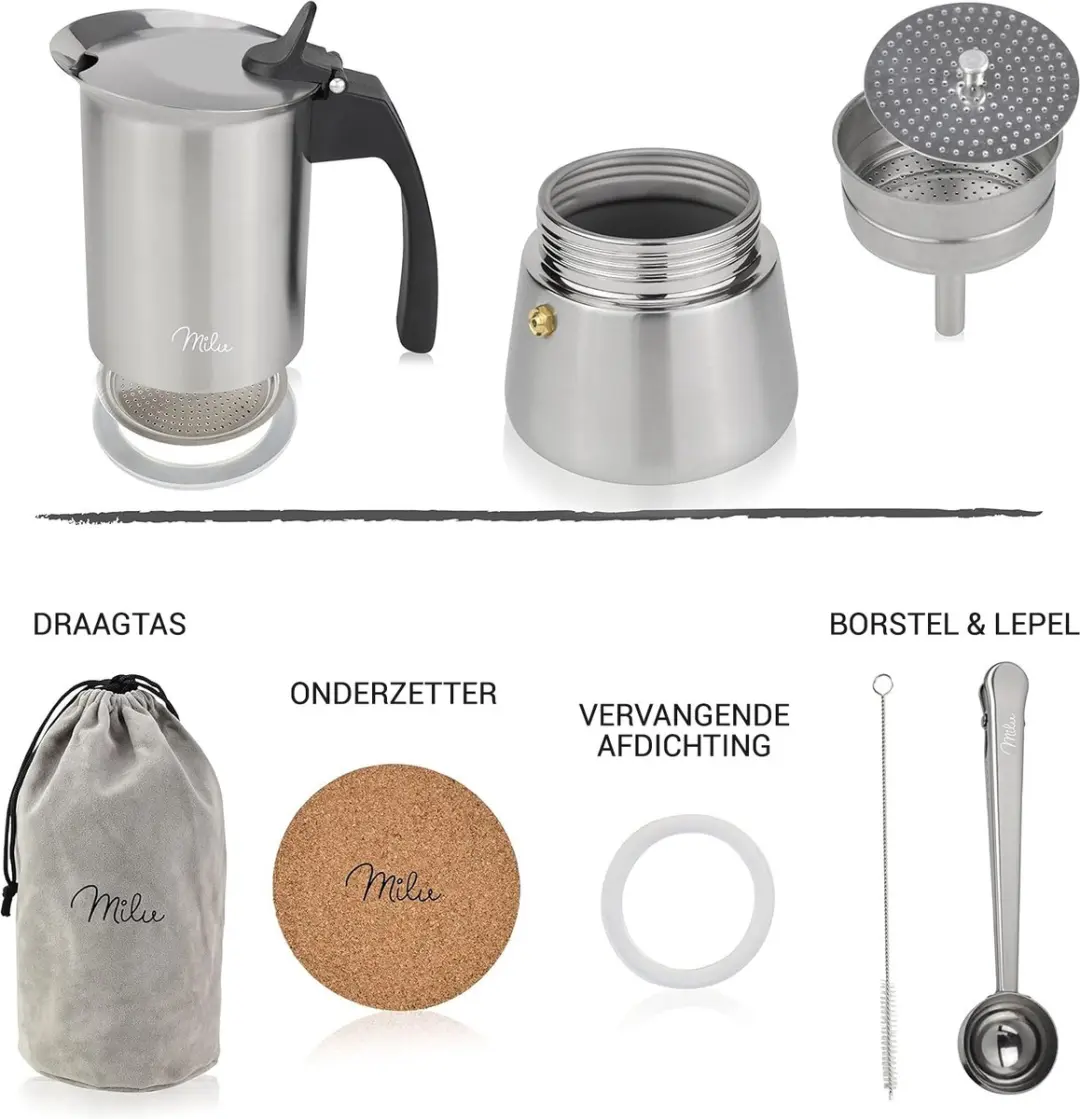 Milu Percolator 100ml - 4 Kopjes - RVS - Zilver