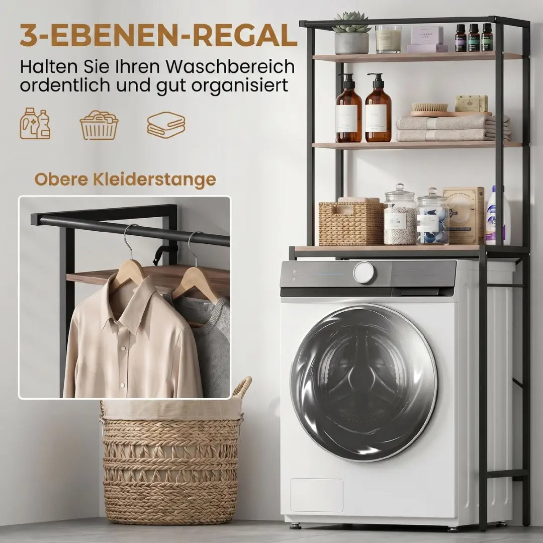 Homcom Wasmachinerek met droogstang 67x40x161,8cm - Bruin/Zwart