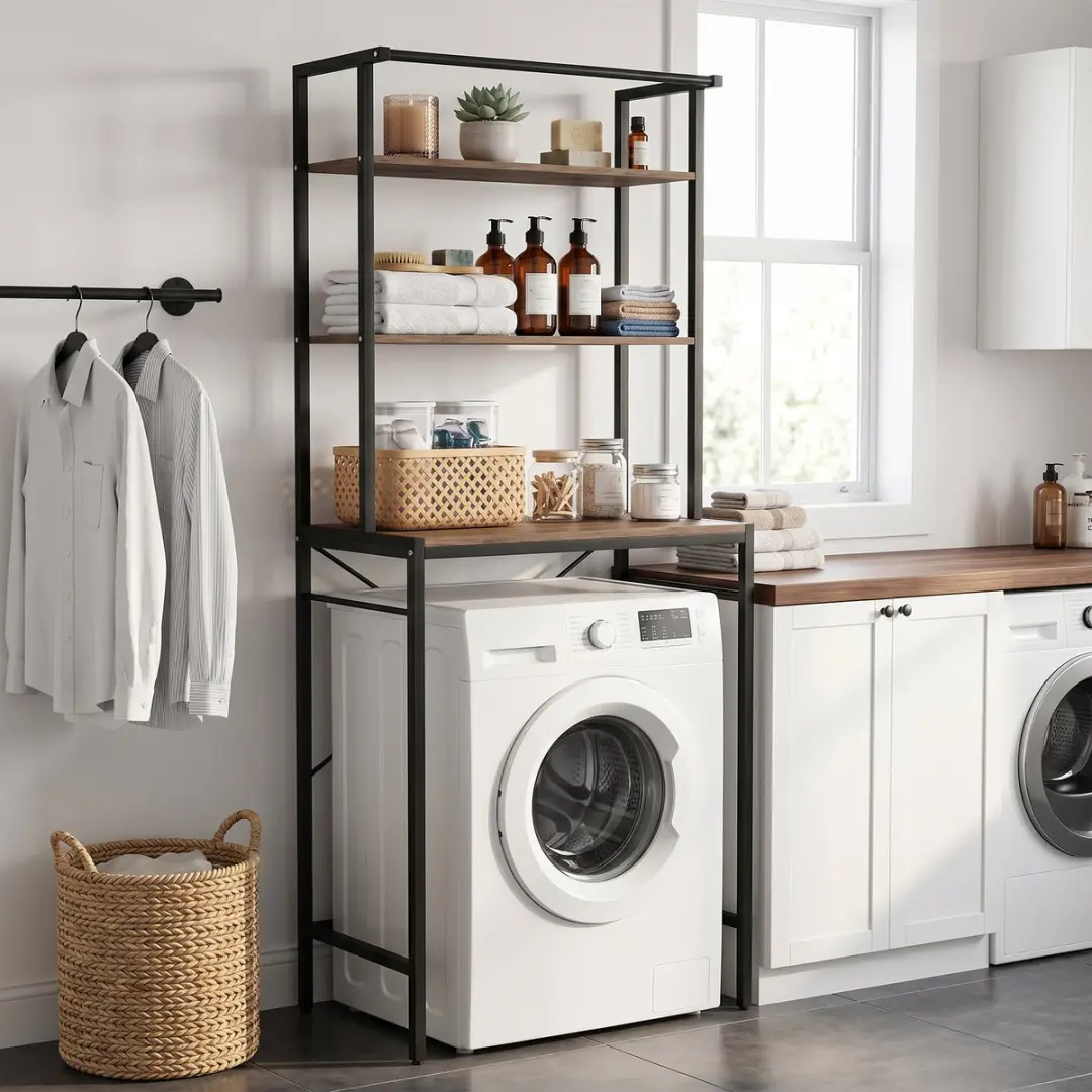 Homcom Wasmachinerek met droogstang 67x40x161,8cm - Bruin/Zwart