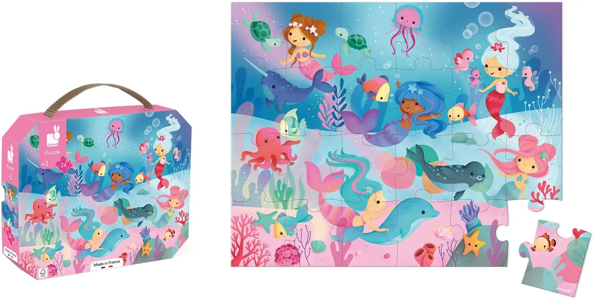 Janod - Puzzel Zeemeerminnen - In Puzzelkoffer - 24 Stukjes - Geschikt vanaf 3 Jaar