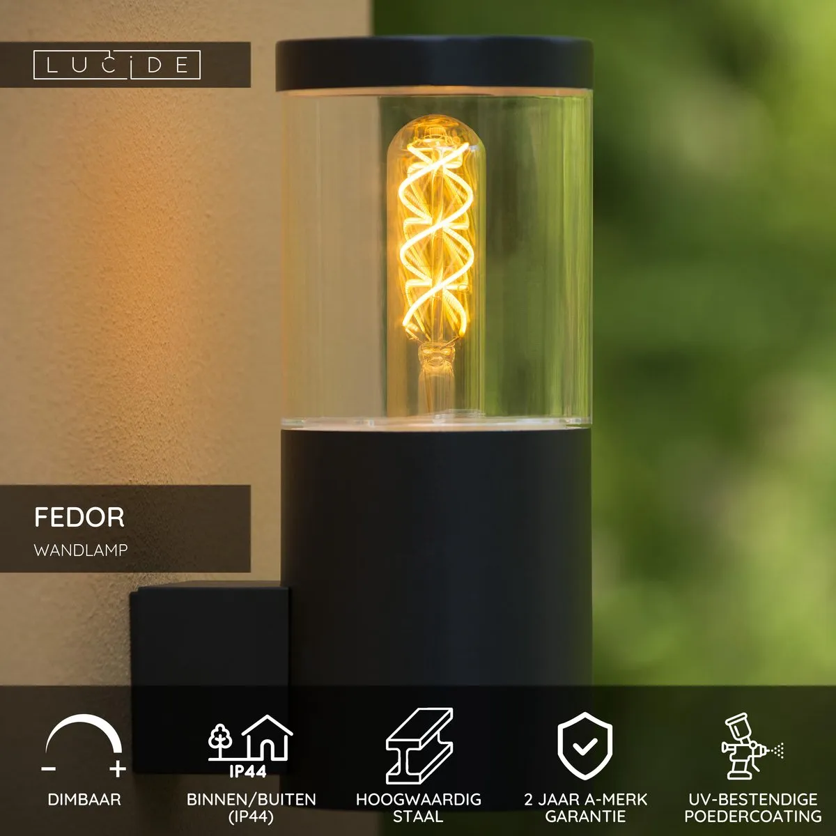 Lucide FEDOR Wandlamp E27 IP44 - Zwart