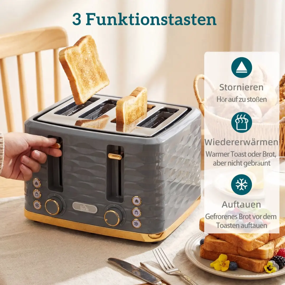 Homcom 4-Sleuven Broodrooster 1860W - Grijs