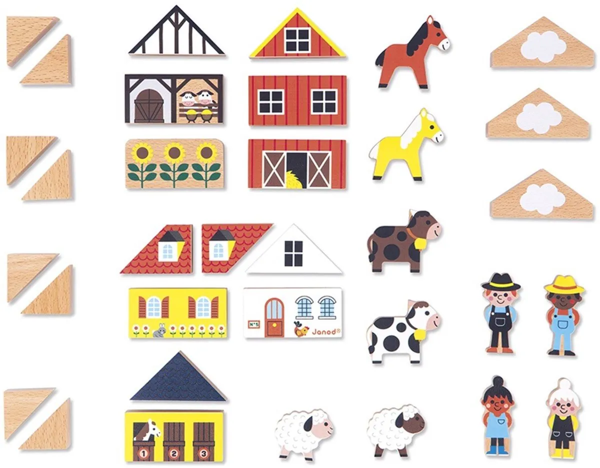 Janod Cross Roads Platteland Houten Blokken - 34 Stuks - Multicolor