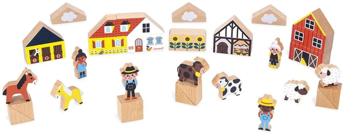 Janod Cross Roads Platteland Houten Blokken - 34 Stuks - Multicolor