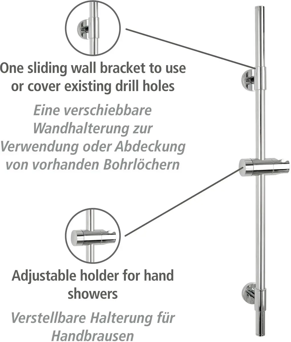 Wenko Douchestang Basic RVS 66cm - Chroom met kophouder en steunen