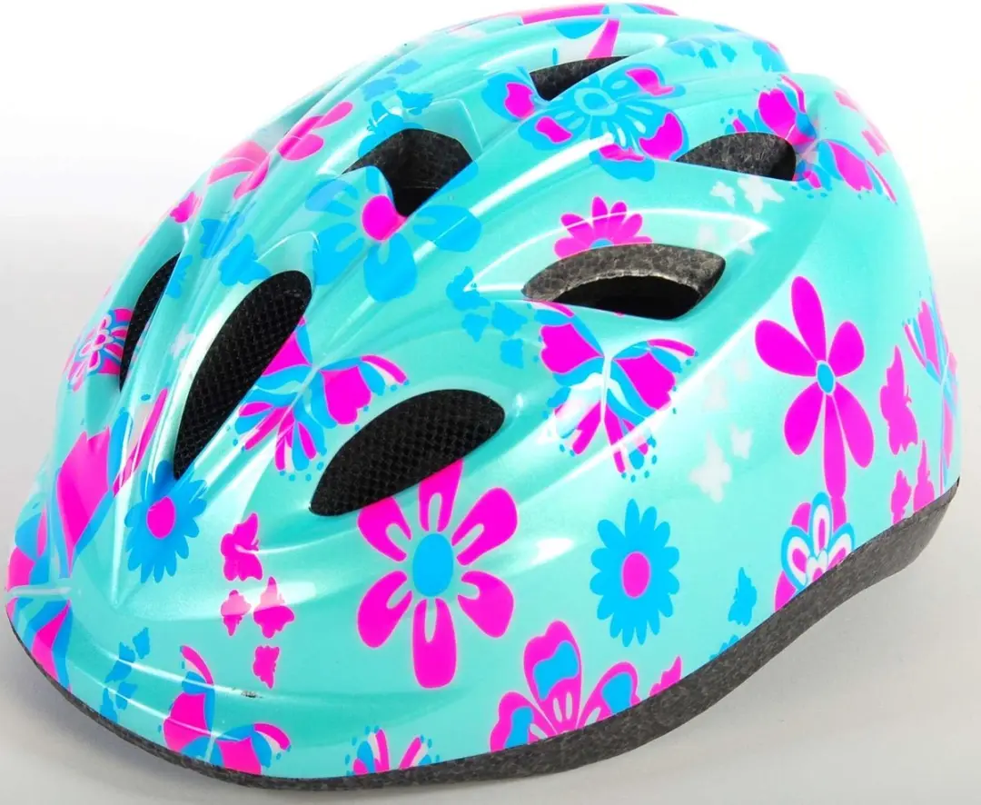 Volare Kinderfietshelm XS - 47-51cm - Blauw Roze Bloemetjes
