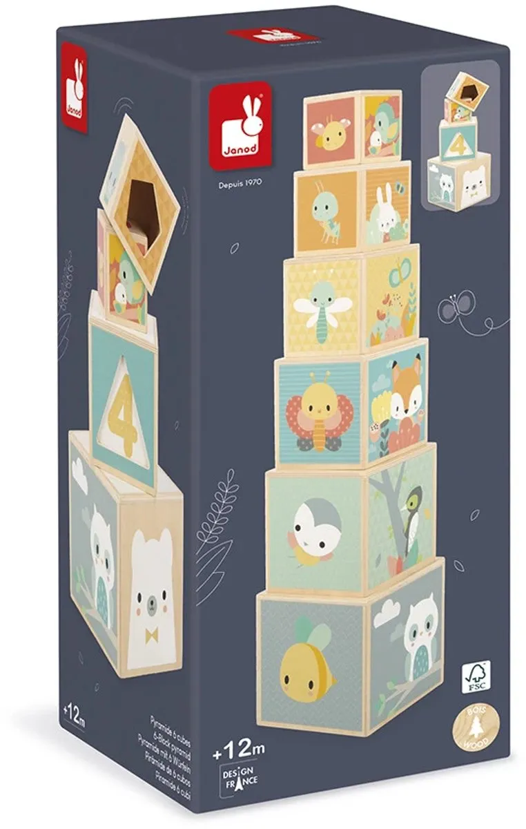 Janod Pure Houten Stapeltoren 6 Kubussen - Cijfer/Dierenmotieven