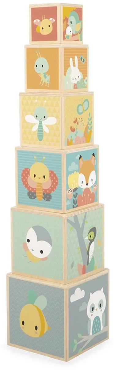 Janod Pure Houten Stapeltoren 6 Kubussen - Cijfer/Dierenmotieven