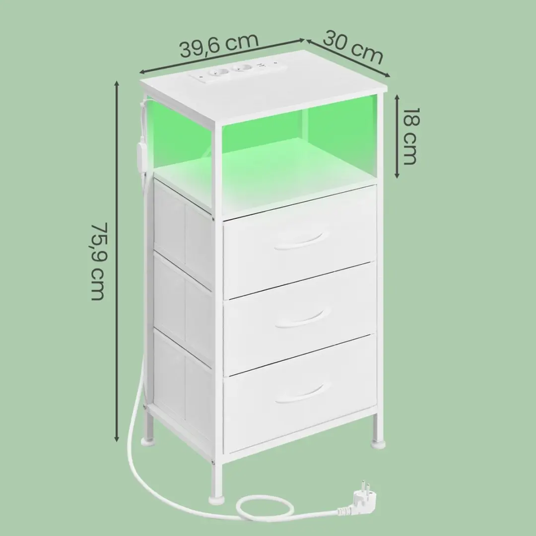 Songmics Nachtkastje 3 Lades Oplaadstation - Wit/Zwart