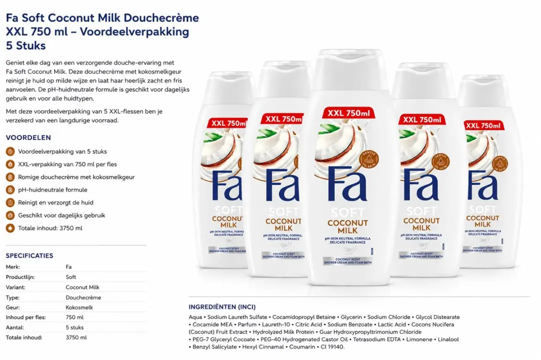 Fa Soft Douchecrème Kokos 750ml - 5 Stuks
