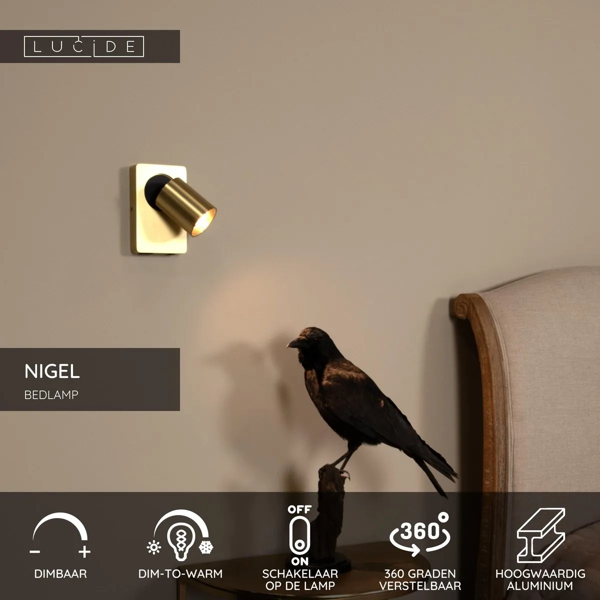 Lucide Nigel Bedlamp Wandlamp - LED Dim to Warm 2200K/3000K - Mat Goud