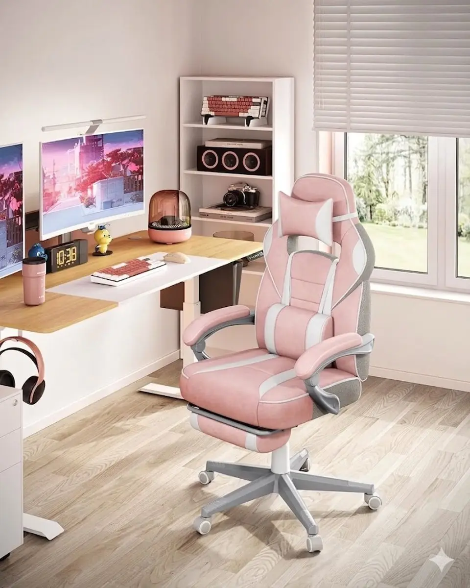 Songmics Gamestoel Ergonomisch - Roze/Wit - 67x66x126cm
