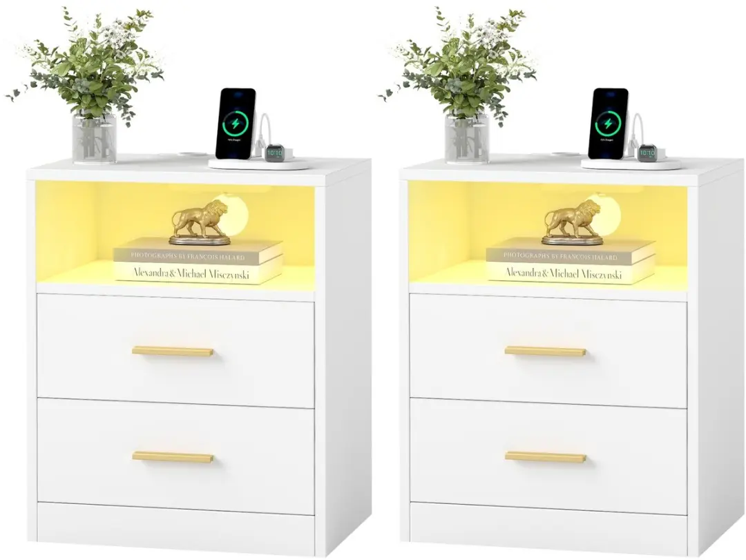 Songmics Bijzettafel met Lades - Set van 2 - Oplaadstation - LED-verlichting