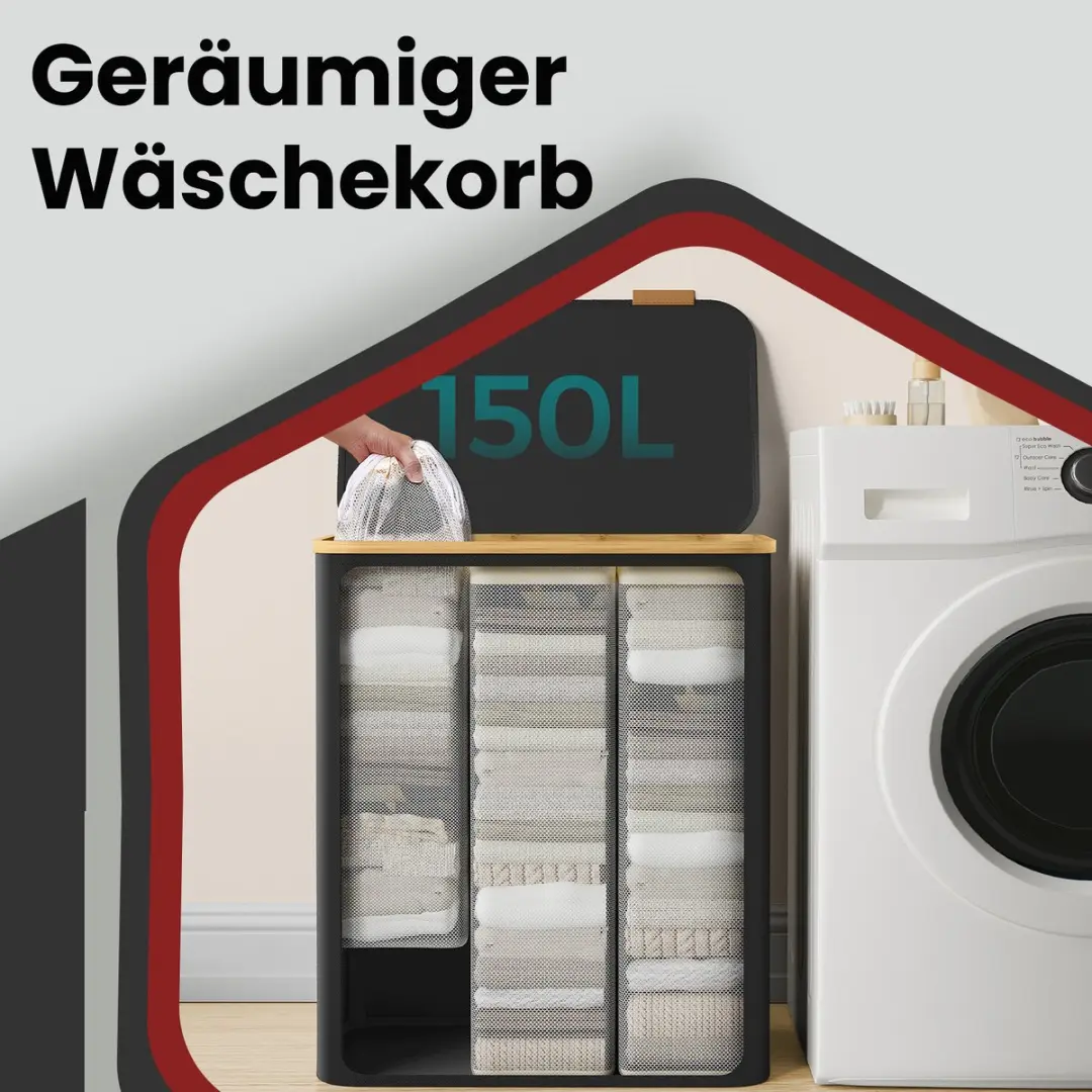 Songmics Wasmand 150L - 3 Compartimenten - Zwart