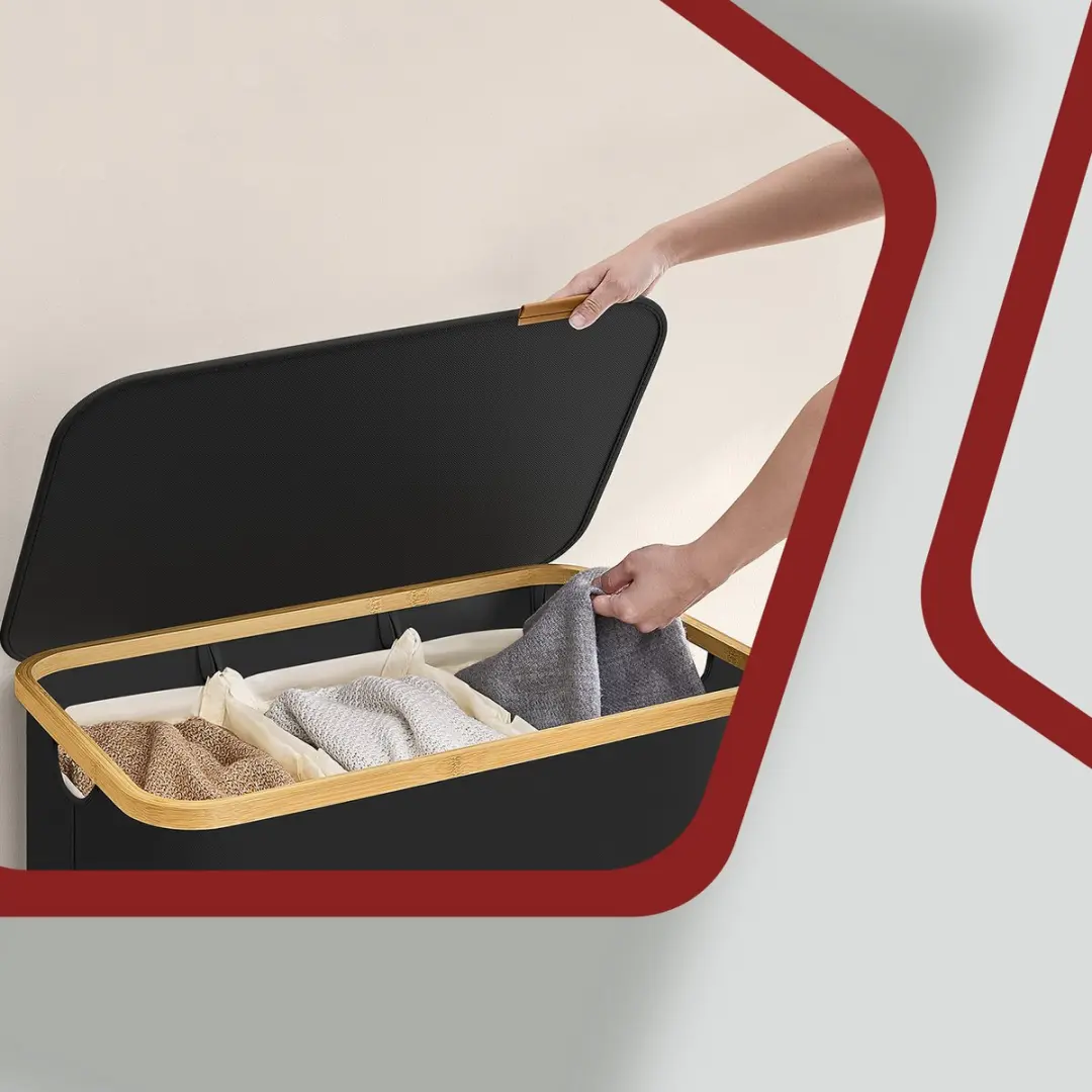 Songmics Wasmand 150L - 3 Compartimenten - Zwart