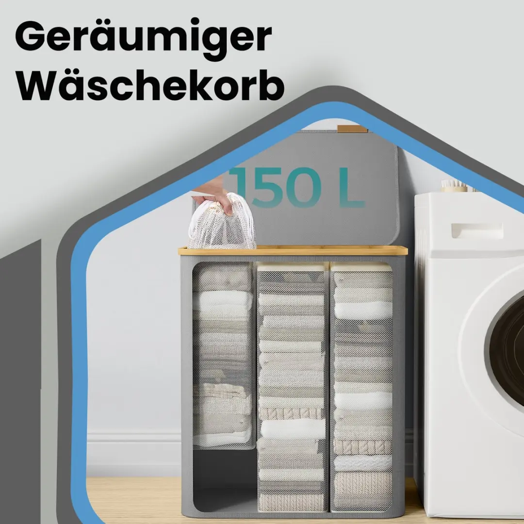 Songmics Wasmand 150L - 3 Compartimenten - Duifgrijs