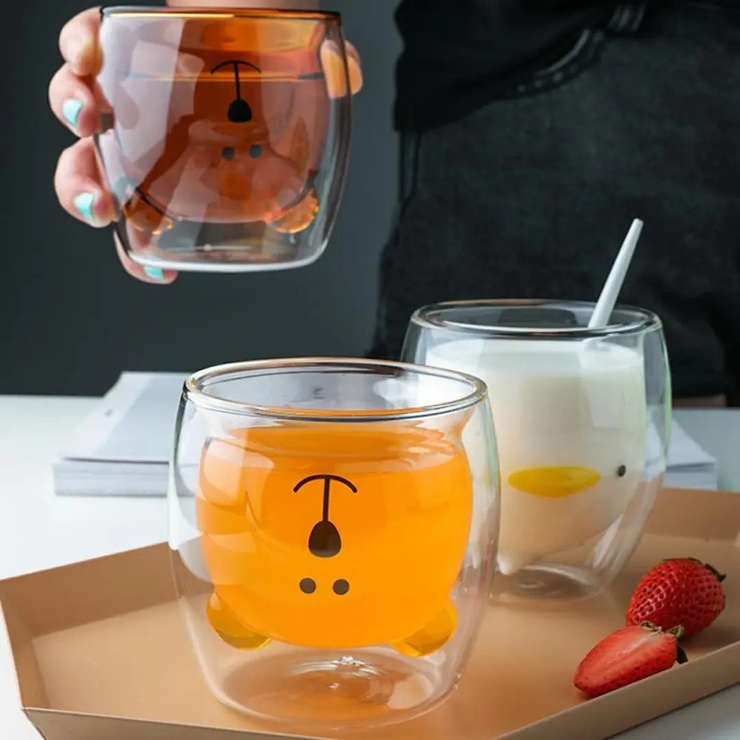Cute Double Walled Glas Theeglas 250ml - 4 Stuks (Dierenmotief)