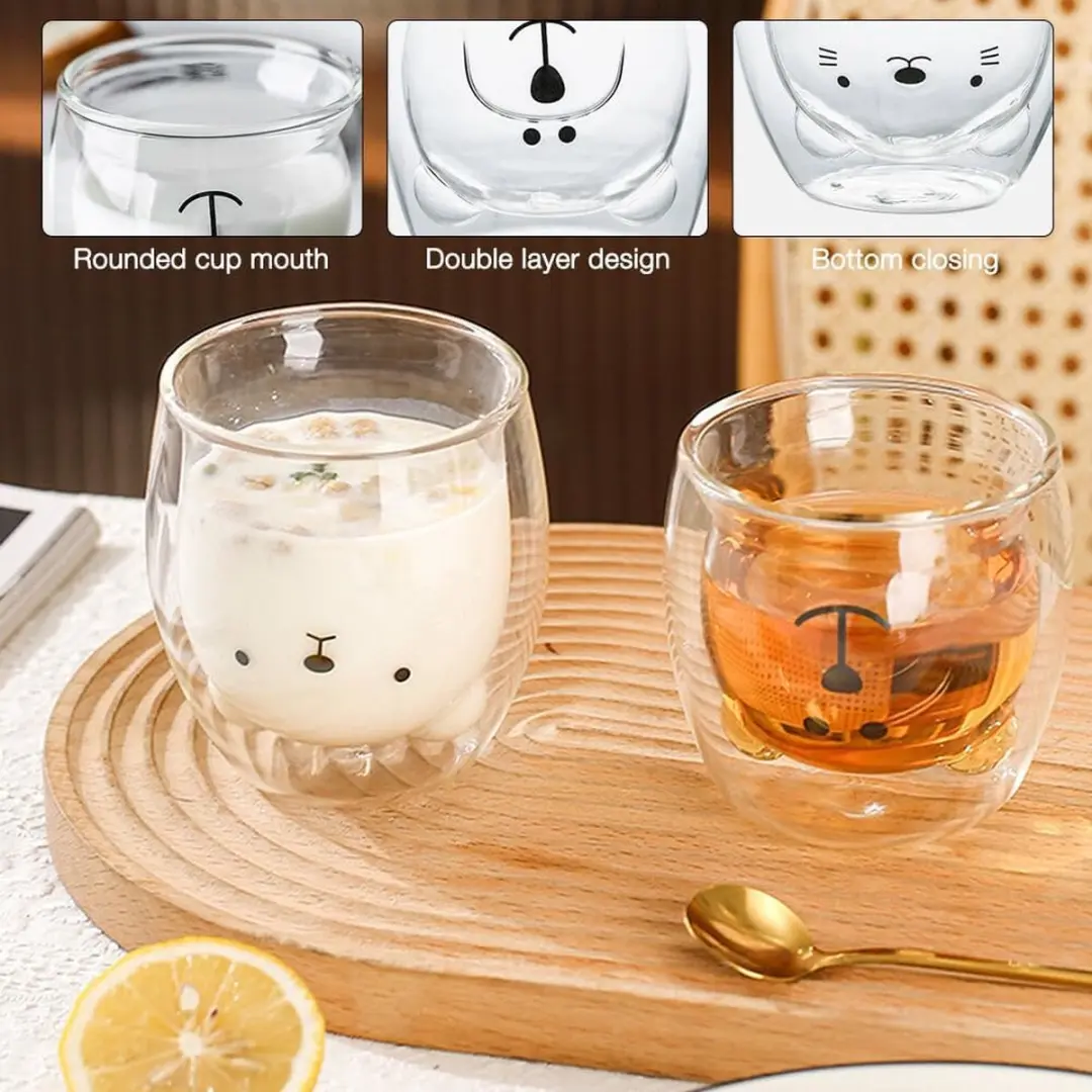 Cute Double Walled Glas Theeglas 250ml - 4 Stuks (Dierenmotief)
