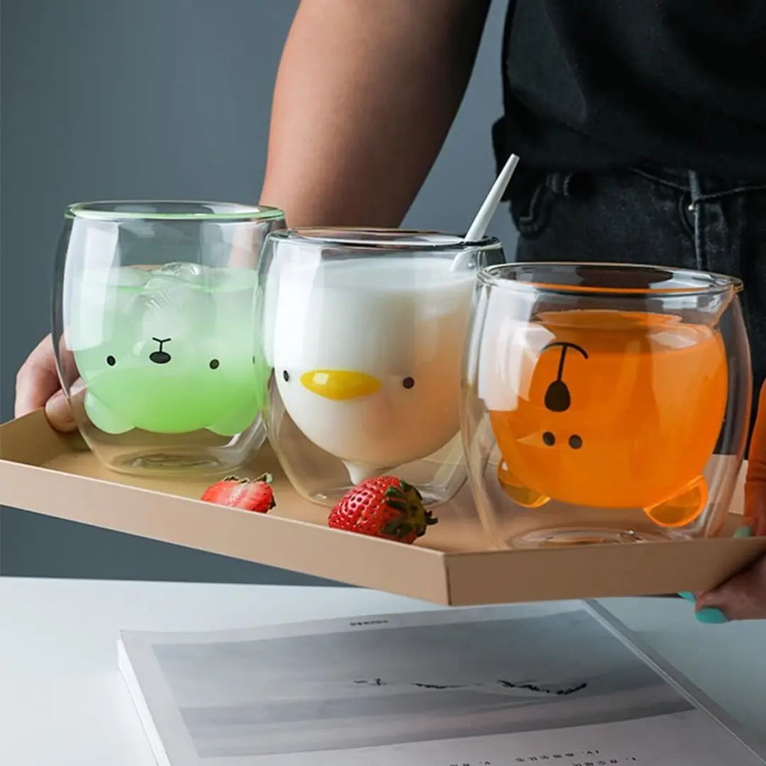 Cute Double Walled Glas Theeglas 250ml - 4 Stuks (Dierenmotief)