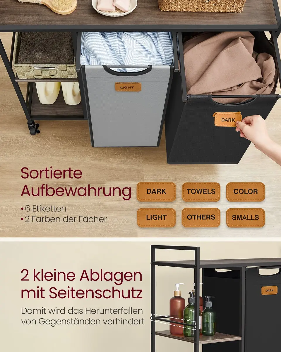 Songmics Wasmand 100L - 2 Vakken - Kastanjebruin/Inktzwart/Duifgrijs