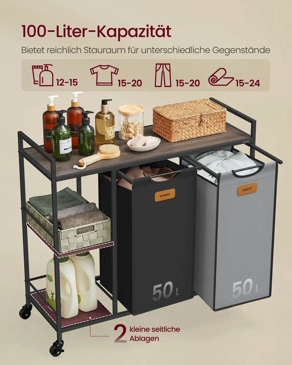 Songmics Wasmand 100L - 2 Vakken - Kastanjebruin/Inktzwart/Duifgrijs