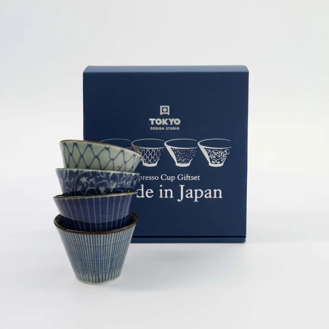 Tokyo Design Studio Mashiko Espresso Kopjes 4 Stuks - 160ml - Blauw/Wit
