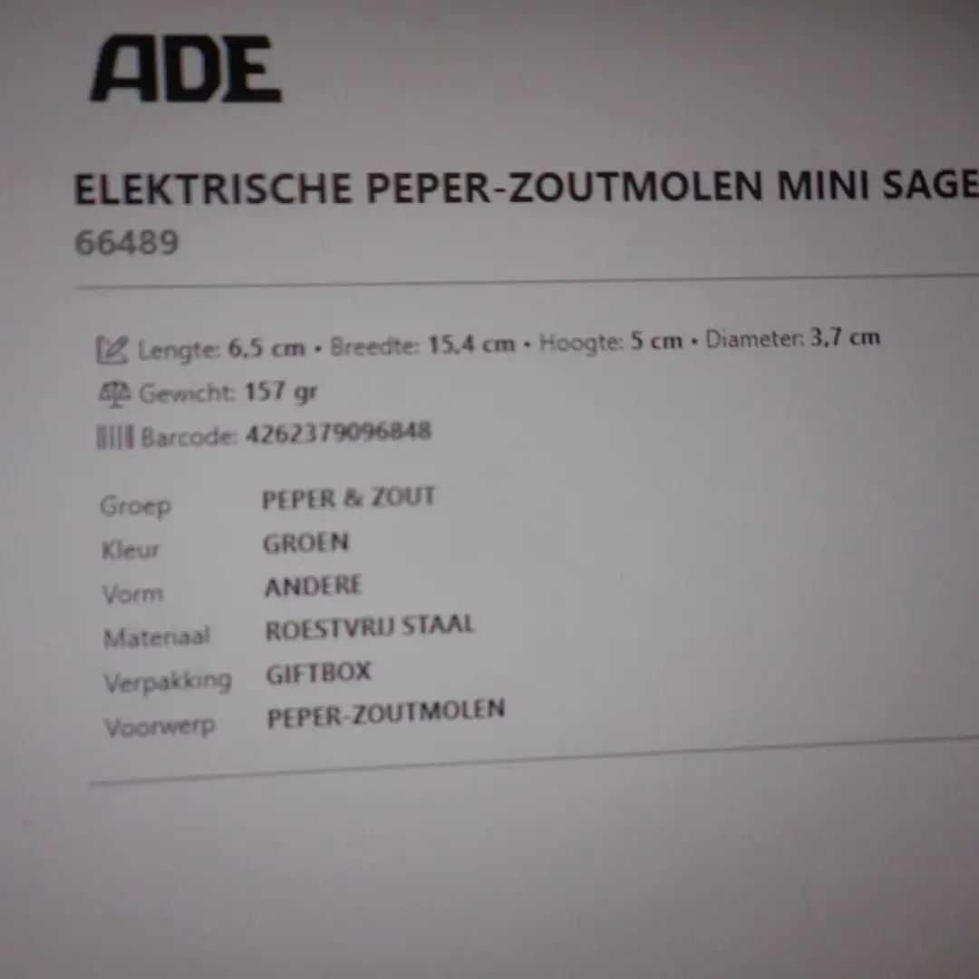 ADE Sage D3.7xH13.9cm Elektrische Peper-Zoutmolen - Oplaadbaar - Groen
