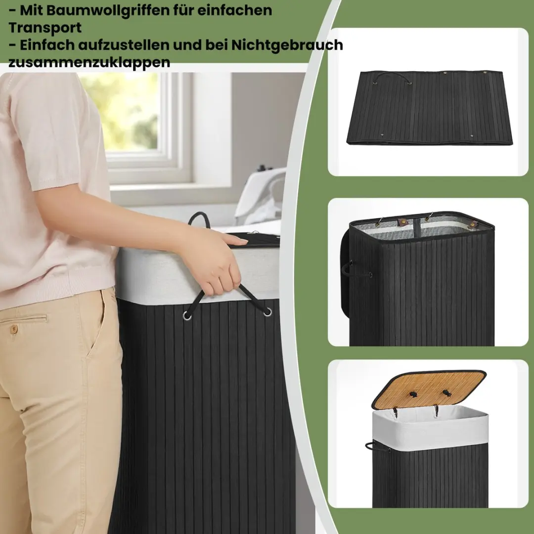 Songmics Wasmand 72L - Bamboe - Zwart