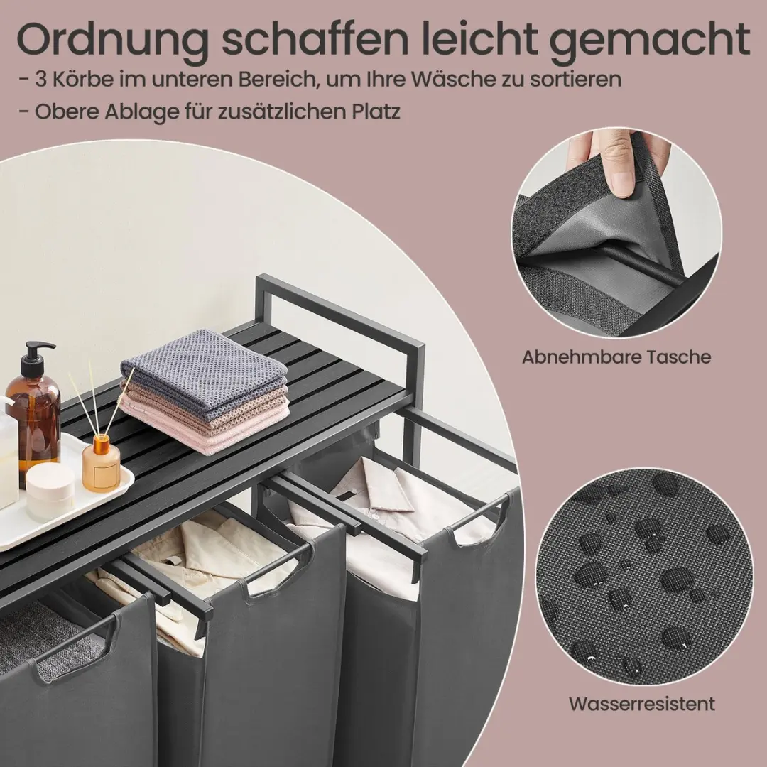 Songmics Wasmand 3 Compartimenten 114L - Met Plank - Zwart/Grijs