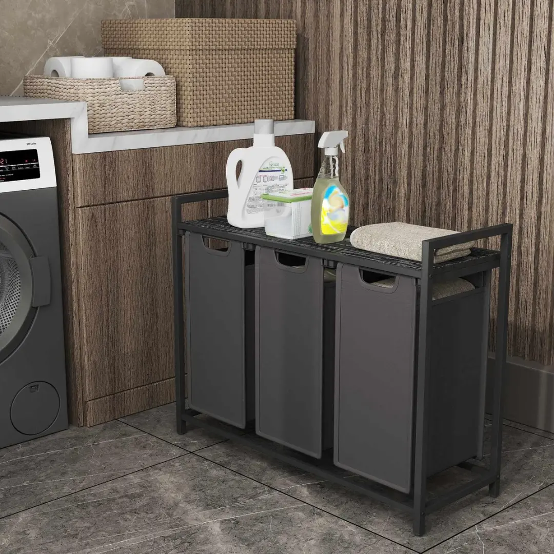 Songmics Wasmand 3 Compartimenten 114L - Met Plank - Zwart/Grijs