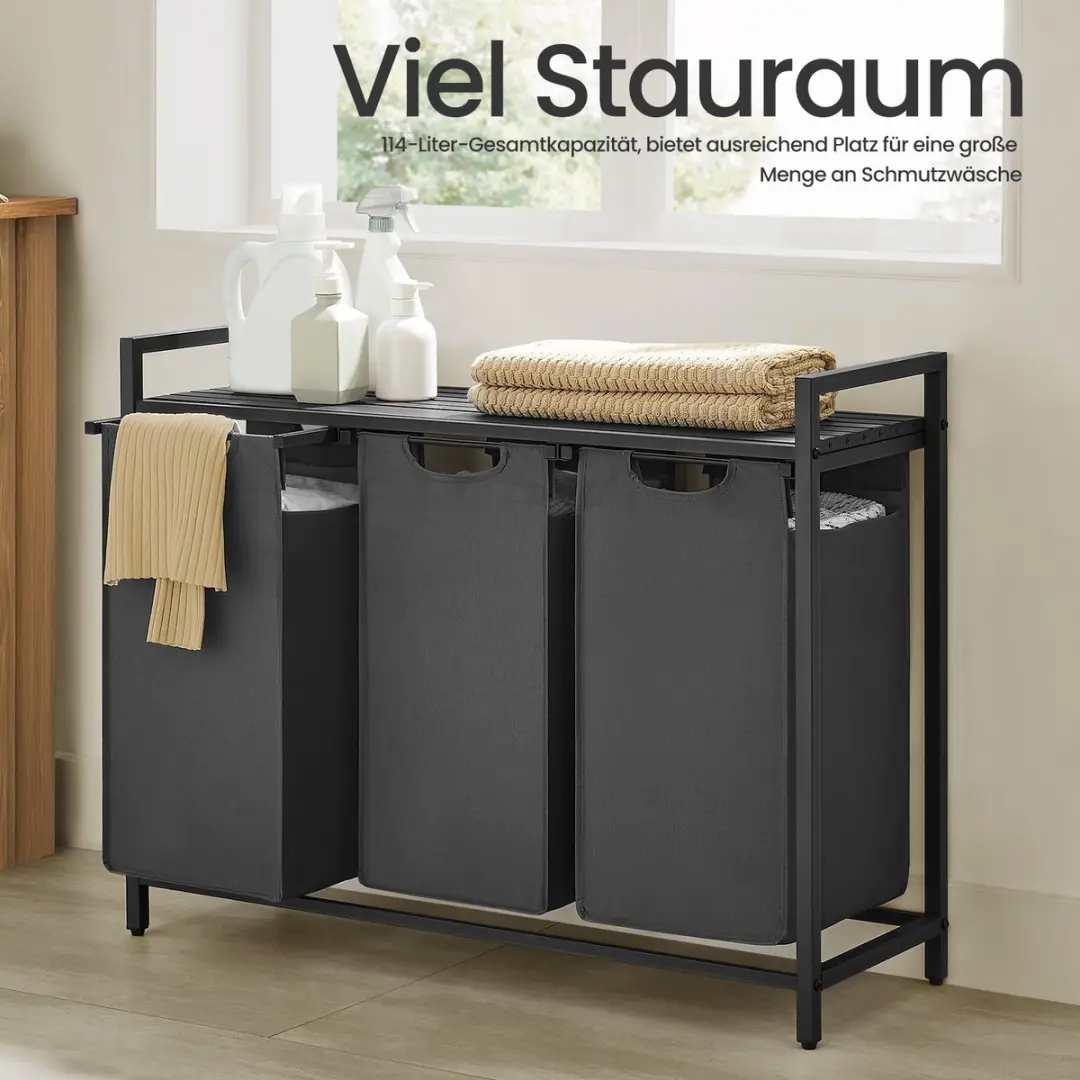 Songmics Wasmand 3 Compartimenten 114L - Met Plank - Zwart/Grijs