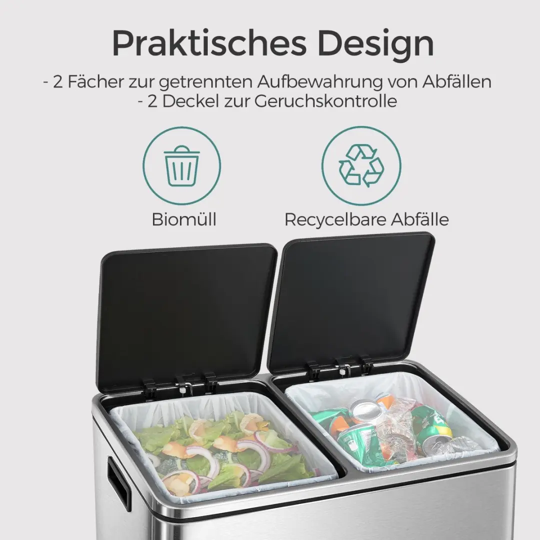 Songmics Vuilnisbak 2x30L - 2 Vakken - Zwart/Zilver