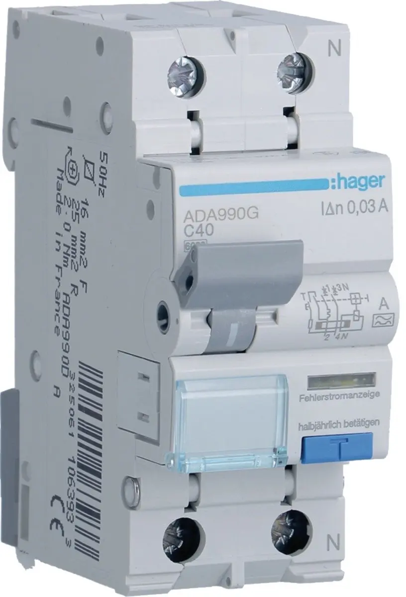 Hager ADA990G Aardlekautomaat 40A 30mA 1P+N 6kA