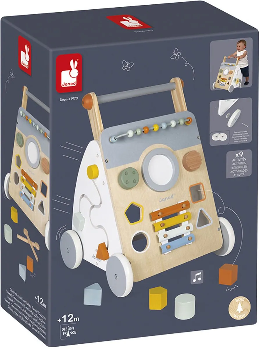 Janod Sweet Cocoon Multi-Activiteiten Loopwagen - 9 Activiteiten - Blauw/Grijs