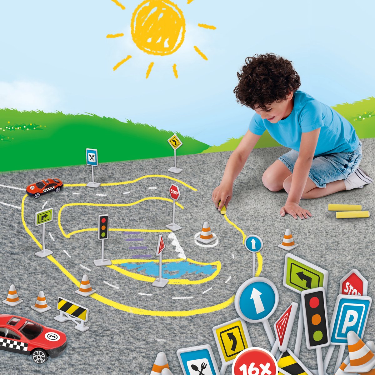 SES - Stoepkrijt - verkeer - met verkeersborden, pionnen, hekken en een auto - 6 kleuren krijt