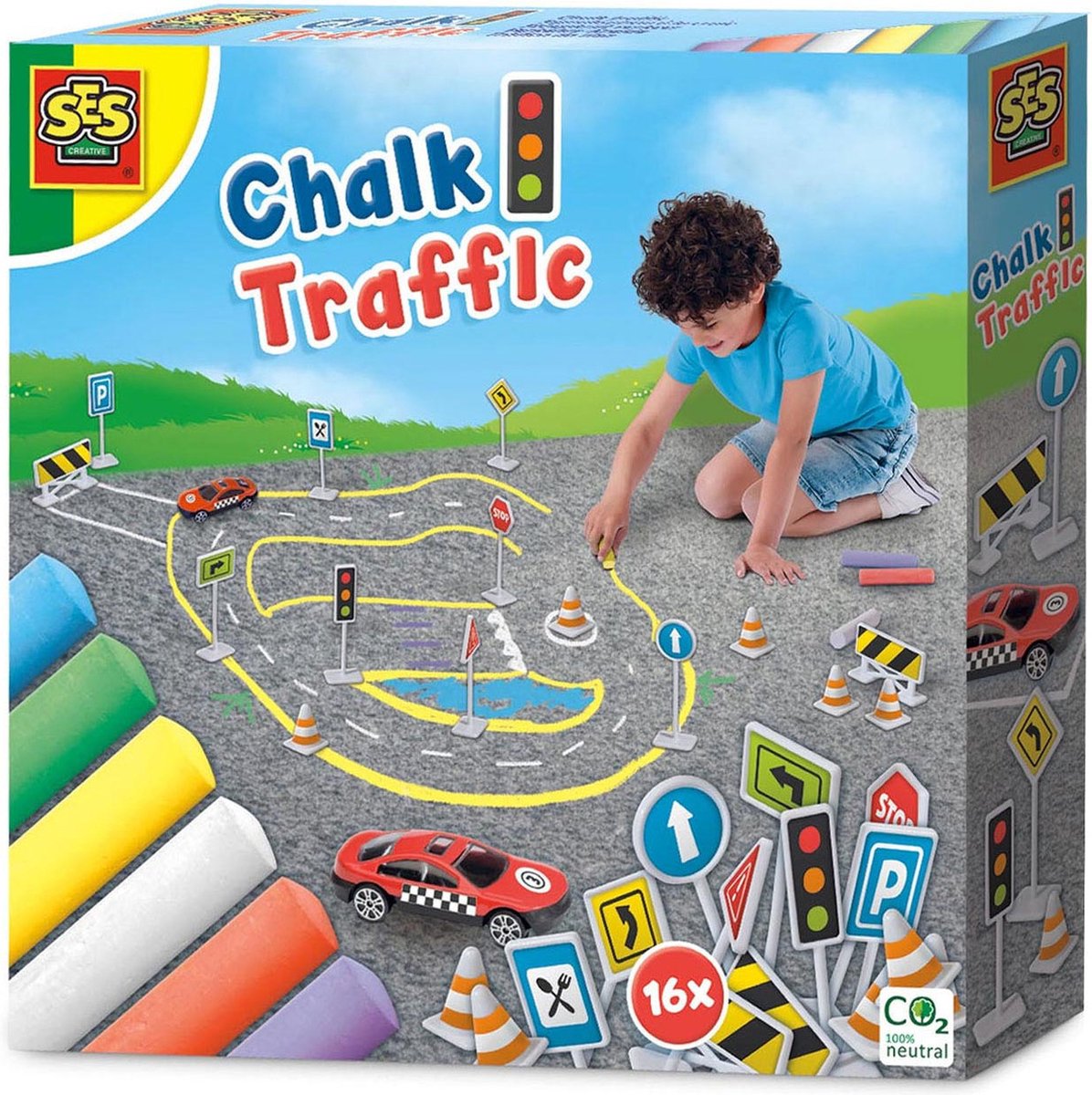 SES - Stoepkrijt - verkeer - met verkeersborden, pionnen, hekken en een auto - 6 kleuren krijt